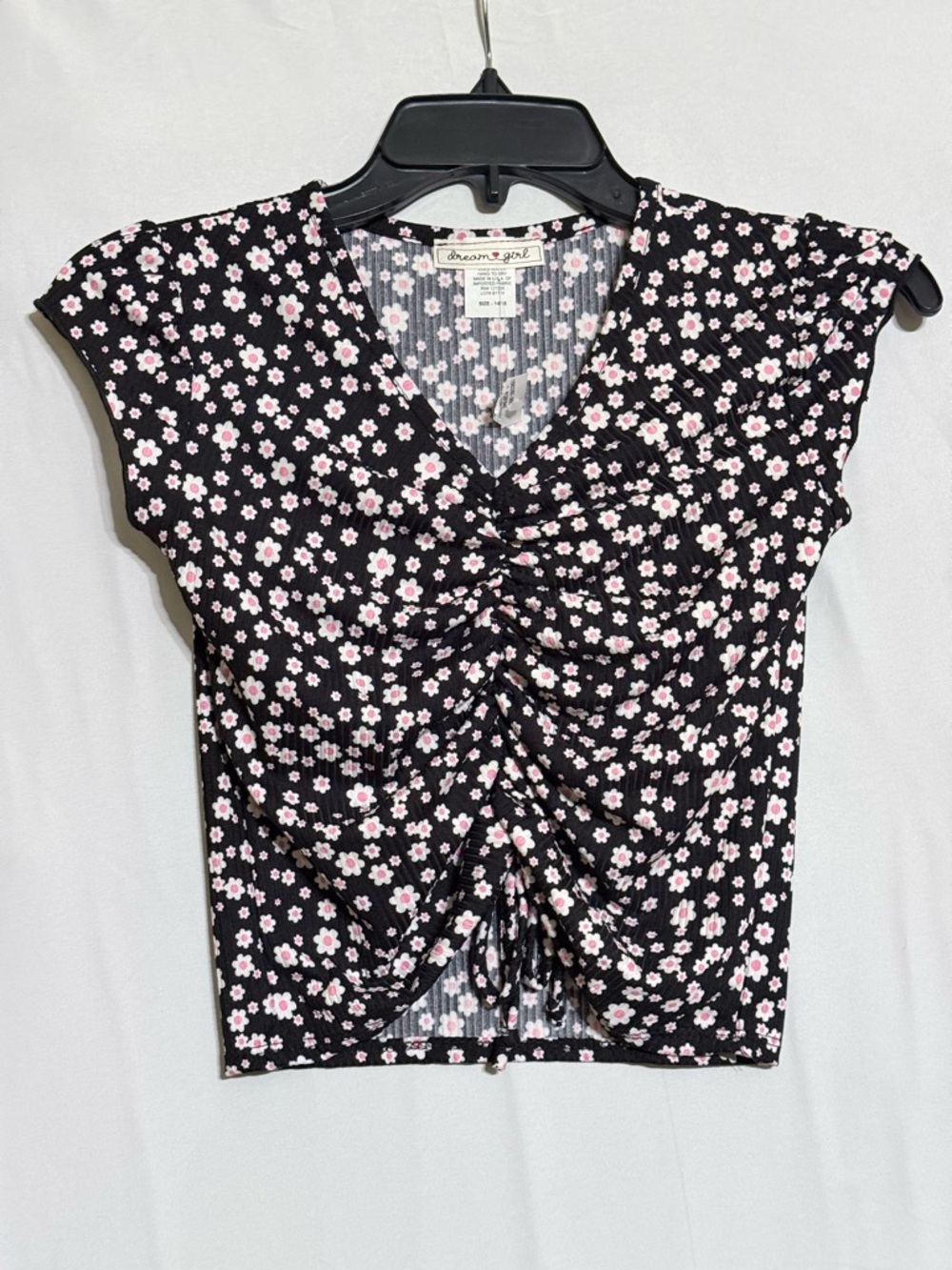 dream girl Black Floral Ruched V-Neck Tie-Front Crop Top Size 14/16